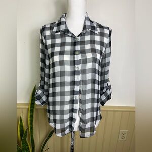 About A Girl Plaid Sheer Button-Up Shirt Small | Fall Grunge Soft Goth Y2K